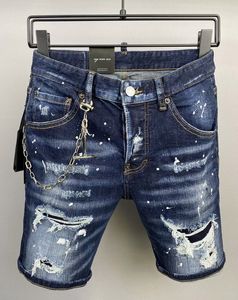 Man Chain Patch Korta jeans Rip Painted