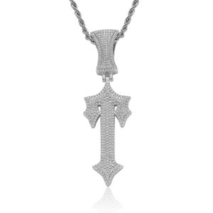 Gzw Jewelry Men's Copper Implaid Zircon Sword Cross Pendant Hip Hop Rap Trend Style Necklace Accessories Stone Bijoux CZ