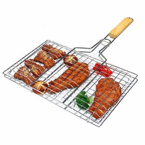 BBQ Grills Foldable Grilling Basket Stainless Steel Nonstick Barbecue Grill Tools Mesh for Fish Steak Vegetable Holder 230706