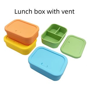 Lancheira de silicone Bento Box com ventilação Recipiente de armazenamento de alimentos portátil para viagens ao ar livre Lancheiras para crianças Forno de microondas Recipiente retangular de três células