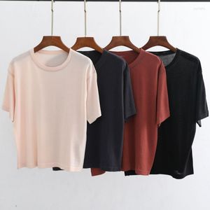 Damen-T-Shirts, 2023, Sommer, Damen, schwere Industrie, Perlenkette, Strich, Seide, Modal, kaltgestrickt, Rundhalsausschnitt, kurze Ärmel