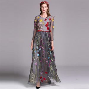 Women's O Neck 3 4 Sleeves Floral Embroidery Layered Elegant Party Prom Long Runway Dresses290L