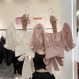 女性のブラウスセクシーな包帯クロップトップファムピンク人形ブラウス Blusas Mujer De Moda 2023 弓バックレスブラックホワイトフリルプリーツシャツ女性