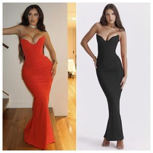 Casual Dresses Strapless Off-shoulder Sexy Maxi Dress For Women Red Gown Fashion Elegant With Fishbone Bodycon Night Club Party