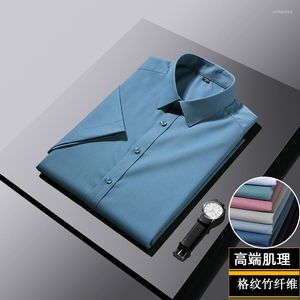 Camisas casuais masculinas 2023 Moda Bonito Tendência Slim Textura de alta qualidade Verificação de fibra de bambu 11 cores Negócios Camisa de manga curta Venda de verão