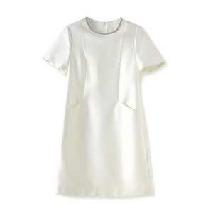 2023 صيف أبيض اللون اللون الصلب فستان قصير جولة رقبة الرقبة بطول الفساتين العرضية W3L045802