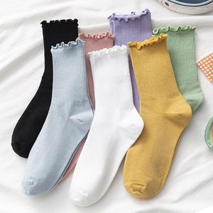 Women Socks Cotton INS Fashion Sring Summer Cute Kawaii Solid Luxury Korean Japanese Ruffles Middle Tube Long