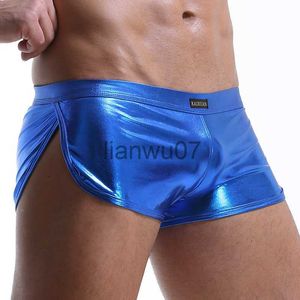 Roupa de banho masculina Roupa de banho masculina de couro envernizado Calção de banho cintura baixa bojo Boxer Shorts maiô J230707