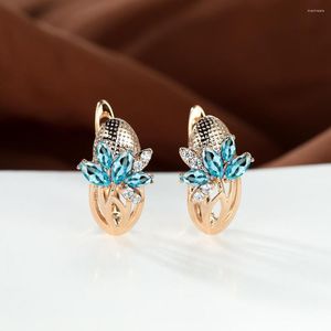 Dingla örhängen Charmig Aqua Blue Flower Hoop För Kvinnor Liten Marquise Zircon Guld Färg Öronklämmor Bröllopspresent