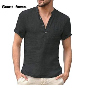 T-shirt da uomo Summer Fashion T-shirt casual in lino di cotone Casual da uomo manica corta con scollo a V T-shirt da uomo traspirante Button-up T S-5XL 230707