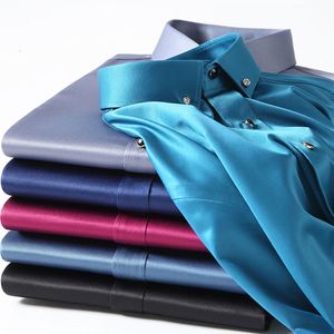 Men's Dress Shirts Men's Silk Shirts Long Sleeve Drill Button Solid Color 3XL Silky Business Formal Social No Iron and Wrinkle Soft Fashion Clothes 230706