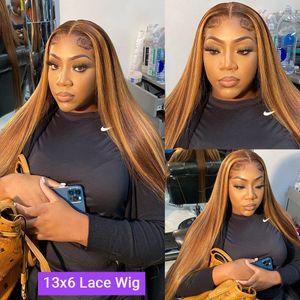 Ombre Highlight Lace Frontal Wigs Human Hair Glueless Straight Wig for Black Women Pre Plucked With Baby Hair