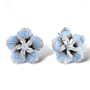 Brincos de tachas fofos azul flor epóxi cor prata para mulheres coreanas moda joias 2023