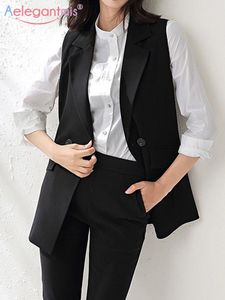 Parkas Aelegantmis Classic Long Vest Women Elegant Suit Vest Spring Office Lady Sleeveless Jackets Black Slim Waistcoat Outerwear 2023