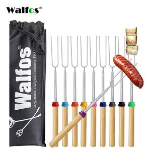 BBQ Grills WALFOS Double Metal Skewers For Barbecue Stainless Steel BBQ Grill Forks Sticks Needle Kitchen Accessories Camping Picnic Tools 230707