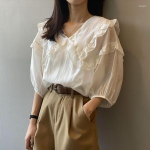 Women's Blouses Retro V-neck Ruffled Shirts Women 2023 Summer Pullover Clothing Half Sleeves Thin Tops Lyocell Casual Lantern