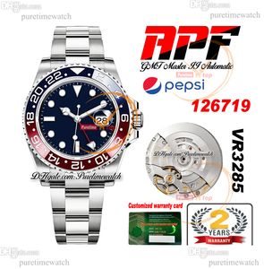 APF Pepsi GMT II VR3186 VR3285 Automatisk Herrklocka Röd Keramisk Bezel Blå Urtavla 904L OysterSteel Armband Super Edition Samma seriekort Reloj Hombre Puretime H8