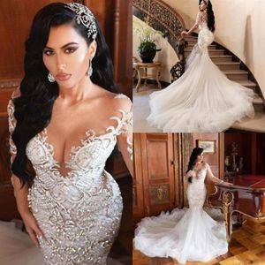 2022 Luxurious Arabic Mermaid Wedding Dresses Dubai Sparkly Crystals Long Sleeves Bridal Gowns Court Train Tulle Skirt robes de ma215D