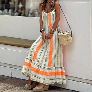 Casual Dresses Women Maxi Dress Striped Contrast Color Loose Backless Summer Low-cut Sleeveless Bohemian Vacation Lady Long