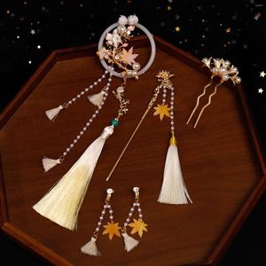 Halsband Örhängen Set Lång tofs Hårnål Örhänge Bröllop Håraccessoarer Kinesiska Hanfu Sticks Fringe Pearl Headpiece Flickor Antika smycken