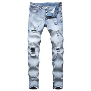 Мужские джинсы моды на молнии Zip Leggs Raked Dopled Hole Светло -голубая тощая разорванная разрушенная растяжка.