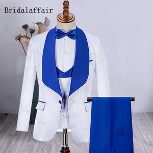 Men's Suits Bridalaffair White Jacqard For Men 2023 Royal Blue Lapel Plain Pants Tuxedos Groomsmen Wedding Coat Waistcoat Trousers