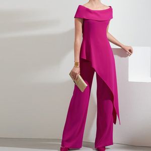 Fuchsia Off Shoulder Mother Of The Bride Suits 2 Pieces Chiffon Outfit For Wedding Asymmetrical Hem Womens Pants Suit 326 326