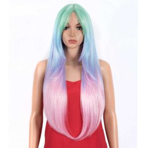 Synthetic Wigs Long Straight Wig with Bangs Synthetic Wigs for Black Women 32 Inch Heat Resistant Ombre Rainbow Cosplay Hair 230227