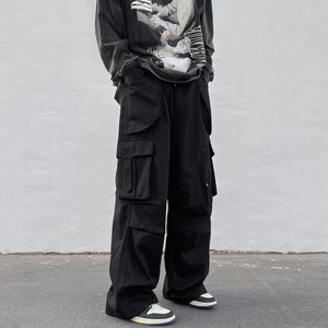 メンズパンツ黒カーゴワイドレッグパンツ日本の原宿ファッションストリートカジュアルルーズマルチポケットストレート男性 230706