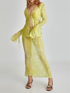 CHRONSTYLE ヴィンテージ女性 2 ピーススカートセット衣装長袖フロントタイアップメッシュシースルーシャツトップスクラブウェア