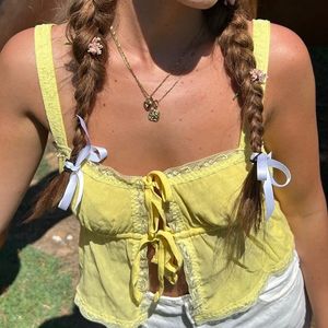 Canottiere da donna Camis Anni 2000 Retro Giallo Crop Top Front Hollow Out Tie Up Camis Fairycore Y2K Lace Trim Milkmaid Vest Chic Women Holiday Backless Tank 230706