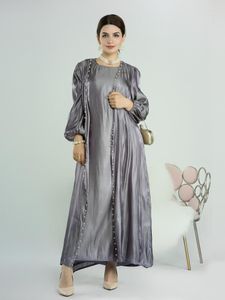 Этническая одежда Марокко Кафтан 2 куски Кимоно Абая Устает мусульманский хиджаб платье из слоеного рукаво