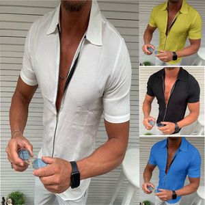 T-shirt da uomo Commercio estero 2023 estate camicia a maniche corte con cerniera tinta unita da uomo transfrontaliera slim cardigan con risvolto casual da uomo