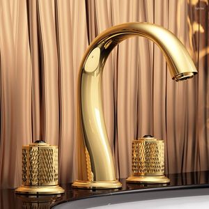 Badezimmer-Waschtischarmaturen, kostenloses Schiff, Gold, 3 Löcher, weit verbreitet, WC, Waschtisch, Wasserhahn, Doppelgriffe, Knöpfe, Mischbatterie, Luxus-Stil