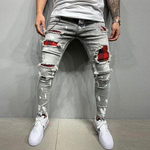 Мужские джинсы разорванные мужчины растягивают скинни -серый синий черный хип -хоп брюки.
