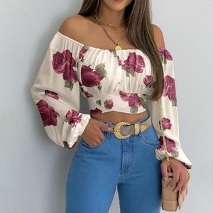 Women's Blouses Women Top Sexy Off Shoulder Strapless Ladies Shirt Butterflies Rose Flower Print Back Lace-up Cropped Streetwear