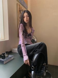 Pantaloni Yedinas Streetwear Top in maglia viola Manica lunga See Though Primavera Estate T Shirt Donna Abbigliamento Y2k Tie Dye 90s Tee Shirt Femme