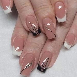 False Nails Black Line Printed Nude Fake Square Long Lasting Safe Material Waterproof For Daily And Parties Wearing