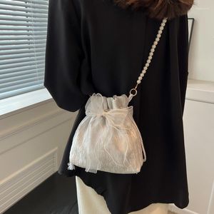 Evening Bags Fashion Women's Bag Summer Bow Drawstring Bucket Pearl Chain Mini Shoulder Messenger Portable Simple Handbags