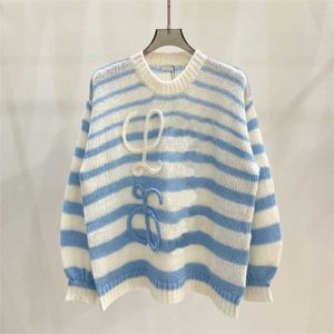 Womens Fashion Sweater Light Blue Striped Sweaters Cubic Pattern Decoration Long Sleeve Round Neck Pullover Knitwear Women Knitwears Tops Casual Clothing