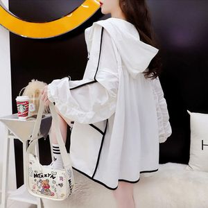 Calças design de moda branco preto protetor solar roupas femininas jaqueta de verão proteção uv gelo seda respirável fino com capuz casaco casual