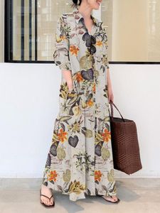 Ternos moda feminina vestido de linho de algodão turndown colarinho impressão bolsos muçulmano abaya solto mangas compridas simples vestidos casuais cardigan