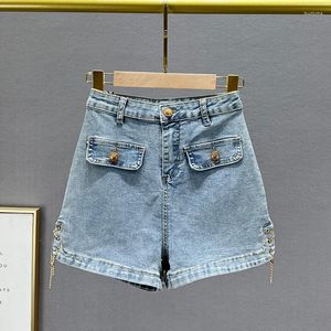 Calças de brim femininas shorts para mulher 2023 verão estiramento cintura alta magro a-line calças corrente rendas rua femme