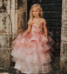 Pretty Baby Pink Flower Girls Dresses Floral Lace Appliques Ruffles Tiered Organza Wedding Party Gowns Child Kids Short Sleeves Brithday Party Dress Crew Neck