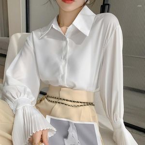 여성용 폴로 패션 여성 블라우스 2023 프랑스 빈티지 주름 플레어 소매 우아한 흰색 셔츠 롱 슬리브 통근 상단 카미사