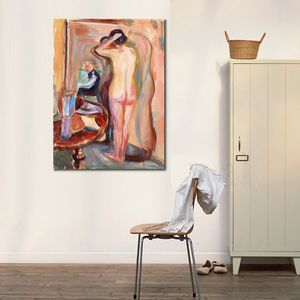 Abstrakte Leinwandkunst, Akt vor dem Spiegel, Edvard Munch-Gemälde, handgefertigtes exotisches Dekor für die Tiki-Bar