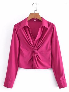 Damblusar YENKYE 2023 Mode Kvinnor Rose Red Front Knot Blus Skjorta Lapelkrage Smal Kvinnliga Crop Skjortor Sommar Toppar