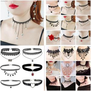 Choker 1st Gothic Svart Spets Halsband Kvinnor Tjej Boho Kristall Tofs Sexig Steampunk Mörk Loli stil Halloween smycken