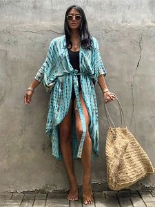 Stroje kąpielowe dla kobiet seksowne bikini Cover-up plaża Pareo paski Tie Dye Kimono strój kąpielowy sukienka lato kobiety kostiumy kąpielowe Boho okrycie na kostium kąpielowy 230707