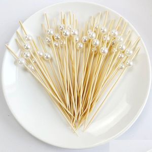 Disposable Dinnerware 100Pcs Wedding Pearl Bamboo Skeleton Wooden Cocktail Kimchi Snack Fork Party Drop Delivery Home Garden Kitchen Dh8C7